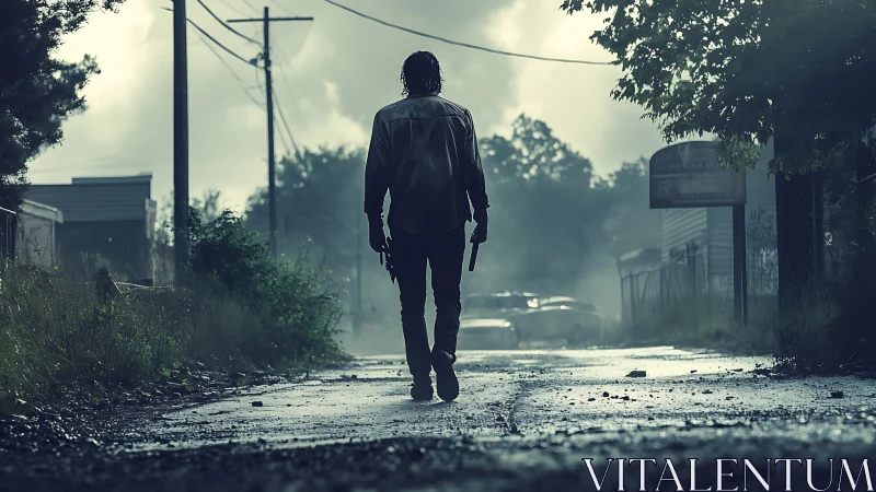 Solitary figure with gun on wet urban backstreet at dusk.