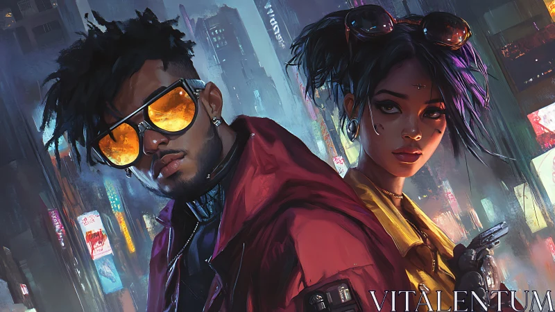 Cyberpunk duo in neon cityscape with reflective eyewear.