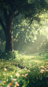 Sunlit Forest Clearing with Ancient Tree and Golden Bokeh