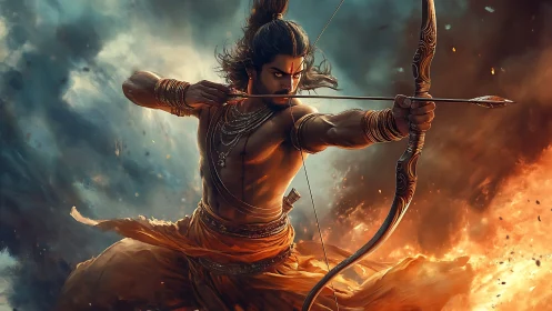 Mythological archer figure in dynamic battle environment.