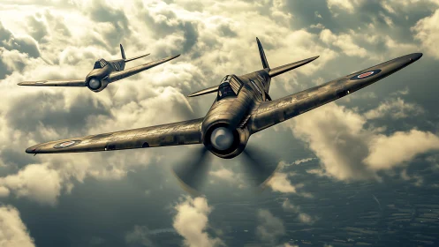 Twin vintage fighter planes carve a bold path through clouds