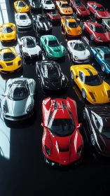 High angle view of assorted modern sports cars on display.