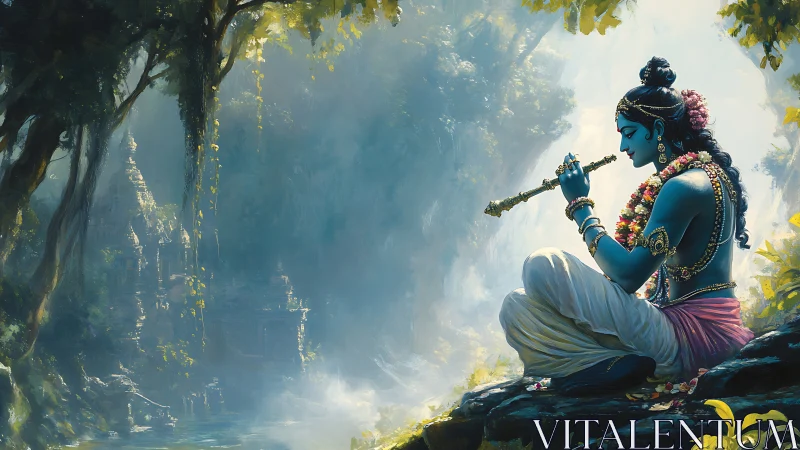 Blue-skinned figure with flute in misty forest landscape.