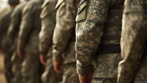 Military personnel in fatigues aligned in shallow focus column.