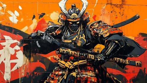 Graffiti-rendered armored samurai in dynamic chromatic combat stance.
