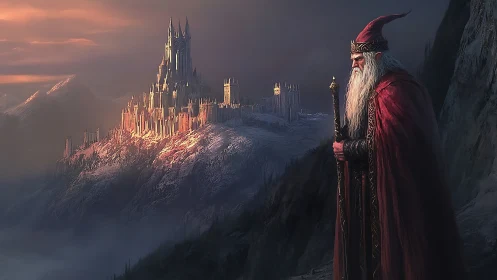 Regal sorcerer overlooking luminous mountain citadel at dusk.