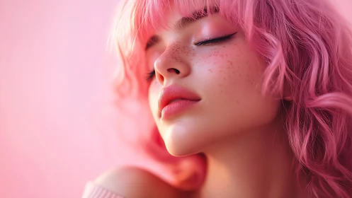 Close portrait of pink haired person with closed eyes.