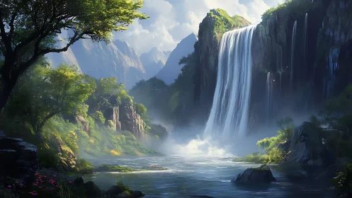 Sunlit waterfall cascades into misty mountain river gorge.