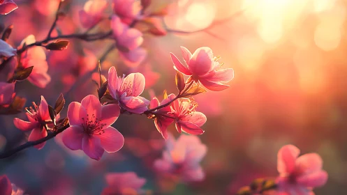 Pink Peach Blossoms in Golden Hour Light.
