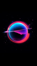 Neon ringed planet against deep black cosmic void.