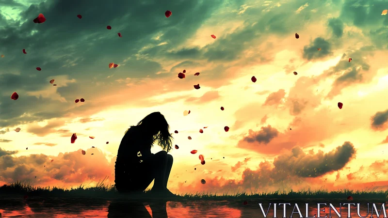 Soft sunset sky welcomes a quiet girl lost in reflection