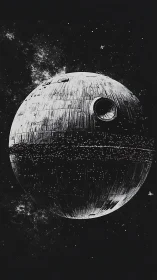 Monochrome spherical space station in deep star field.