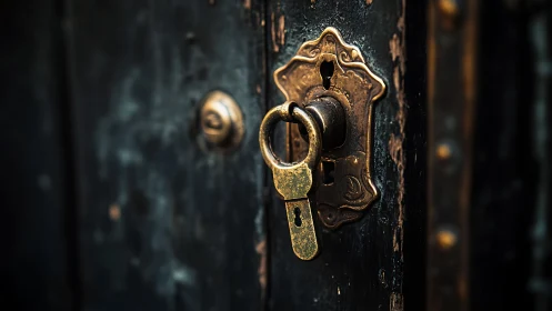 Vintage brass key in ornate lock on weathered wooden door.