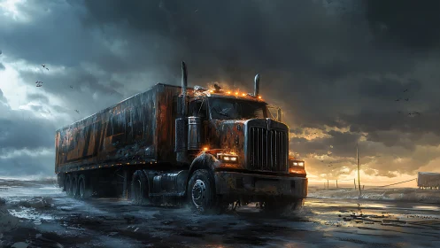 Freight truck travels on wet industrial roadway at sunset