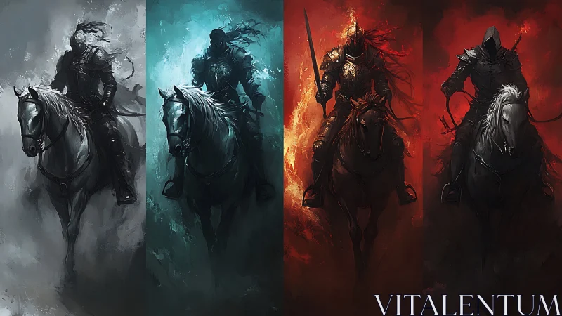 Four armored riders on horses emerge from colored mist