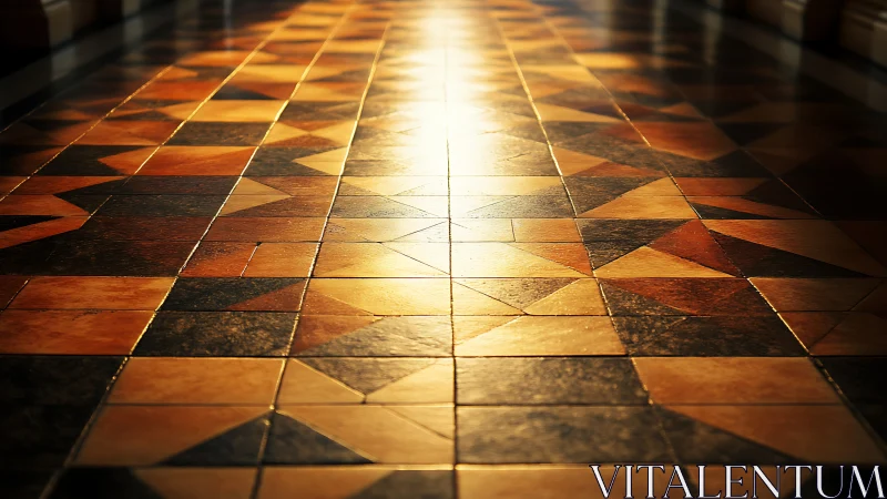 Golden light glides across geometric tiled corridor floor