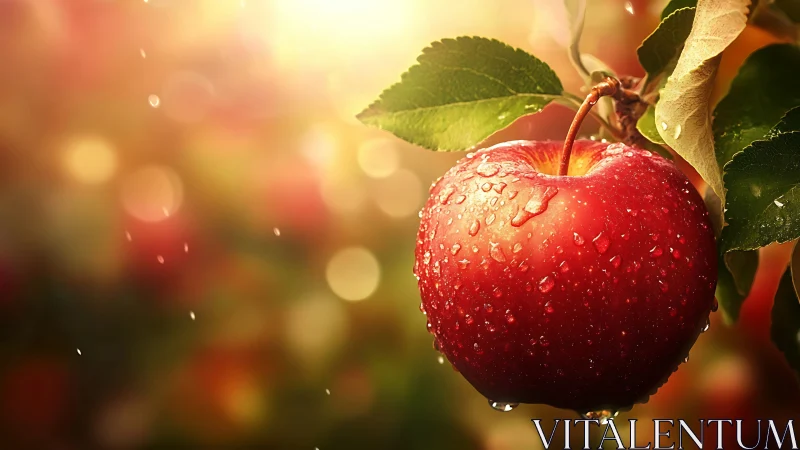 Sunlit Orchard Jewel: Dewy Red Apple in Golden Glow.