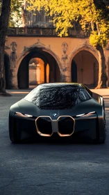 Futuristic BMW concept coupe contrasts with historic arcade architecture