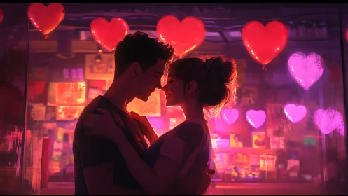 Intimate Couple Embrace Under Neon Heart Lights