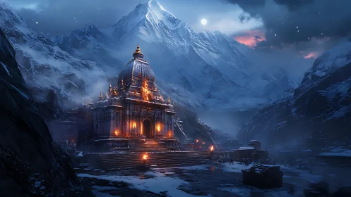 Mountain temple glows with firelight beneath a winter moon.