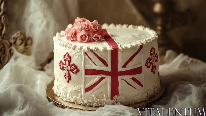 Elegant Red and White Cross Cake with Pink Rose Topper