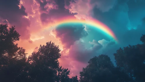 Digital painting of prismatic rainbow over silhouetted forest.