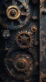 Rusty interlocking metal gears form dense vertical mechanism