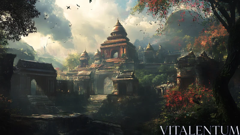 Ancient jungle temple complex under dramatic cloudy sky.