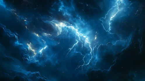 Electric blue storm clouds split by bright lightning.