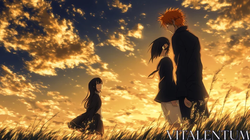 Three students stand in tall grass under glowing sunset clouds