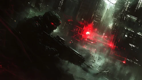 Cybernetic sniper in neon-soaked dystopian cityscape.