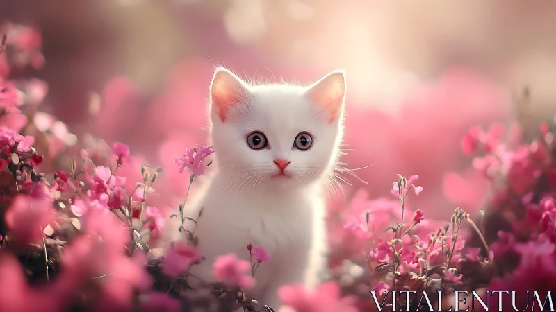 White kitten surrounded by pink flowering plants