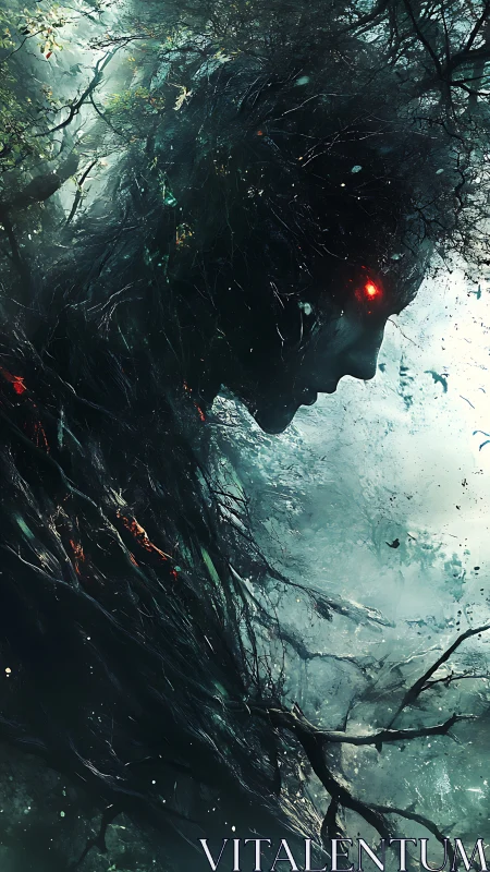 Dark forest spirit profile with glowing red eyes looms.