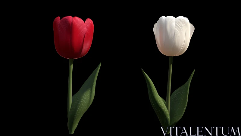 Two tulips rendered in contrasting red and white tones isolated on black