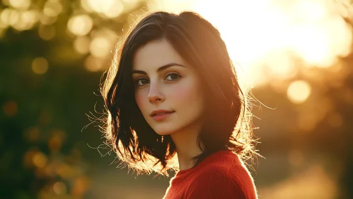 Soft sunset portrait of a thoughtful woman outdoors.