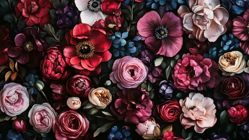 Dense Floral Composition with Varied Botanical Forms and Dark Background