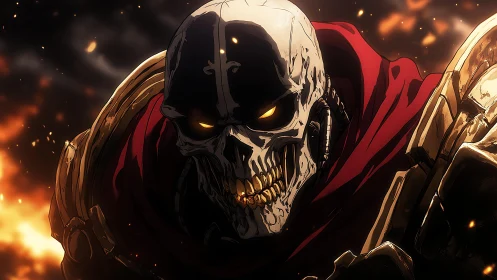 Armored skeletal warrior with glowing eyes in flames.