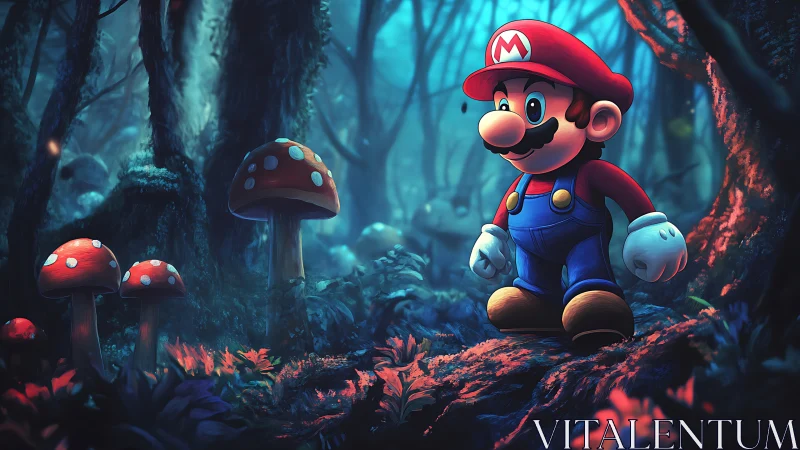 Mario exploring luminous mushroom forest at dusk.