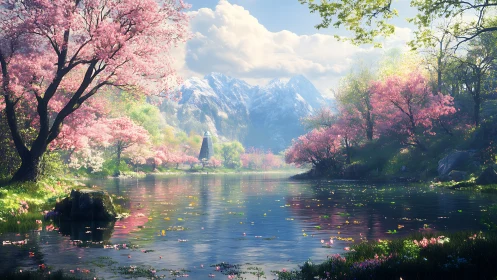 Spring mountain lake reflects cherry blossoms and distant tower