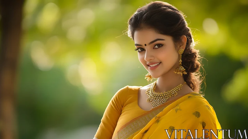 Natural light portrait of woman in yellow saree outdoors