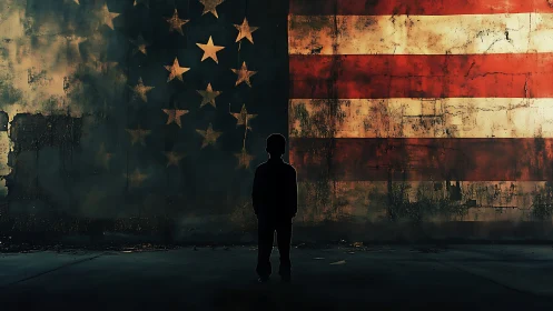 Silhouetted child studies distressed American flag mural at dusk