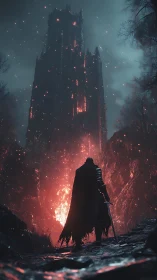 Solitary figure observes burning fortress tower at night