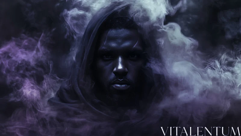 Hooded male subject partially obscured by dense swirling smoke.