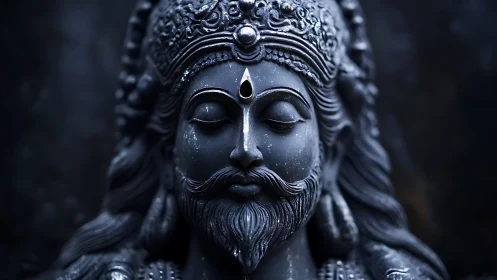 High-contrast close-up of intricately carved stone deity bust