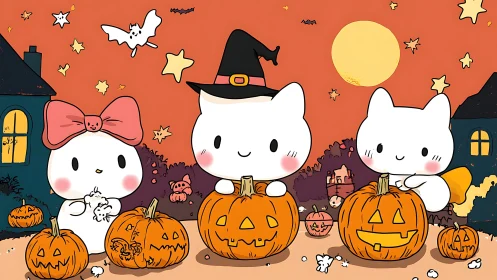 Adorable Halloween Friends Celebrate with Pumpkins Under the Moonlight