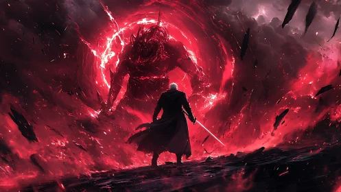 Lone swordbearer welcomes a colossal fiery void beast