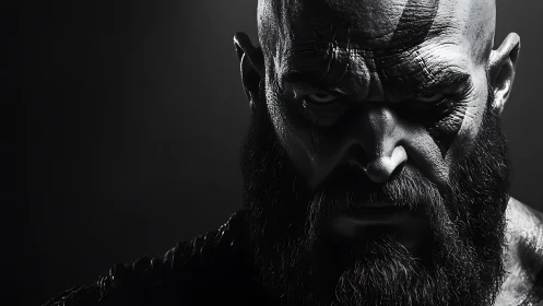 Digital portrait shows bald bearded male figure in hard light