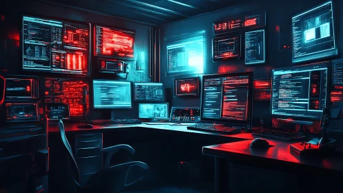 Midnight coder’s neon control room of glowing screens.