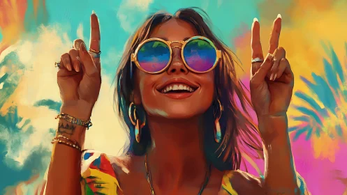 Sun-drenched joy flashes double peace signs in neon skies