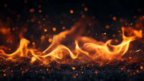 Fire flames spread across dark ground with embers floating upward